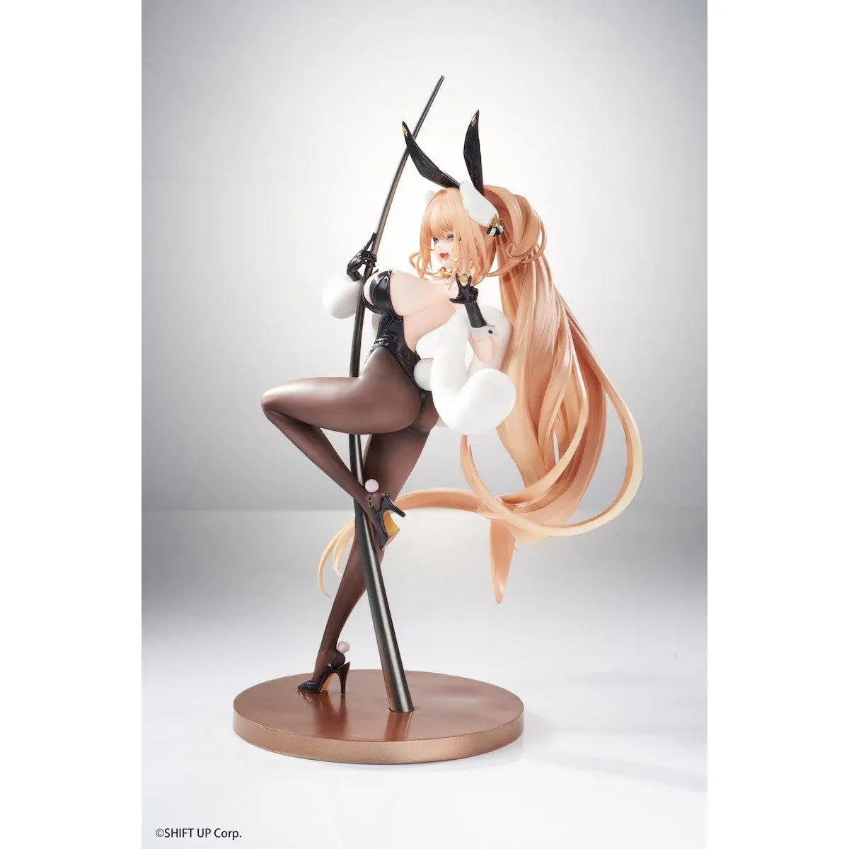 Goddess of Victory Nikke Rupee Lupin Rabbit Deluxe Ver. 1/10 Scale Figure with blonde hair, black bunny ears, rabbit outfit, posing pole, and display base