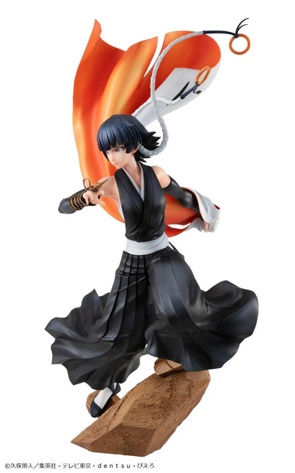 Bleach Gals Series Sui-Feng rerelease figure in a dynamic combat pose with her arm-mounted weapon, flowing uniform, and rocky base.
