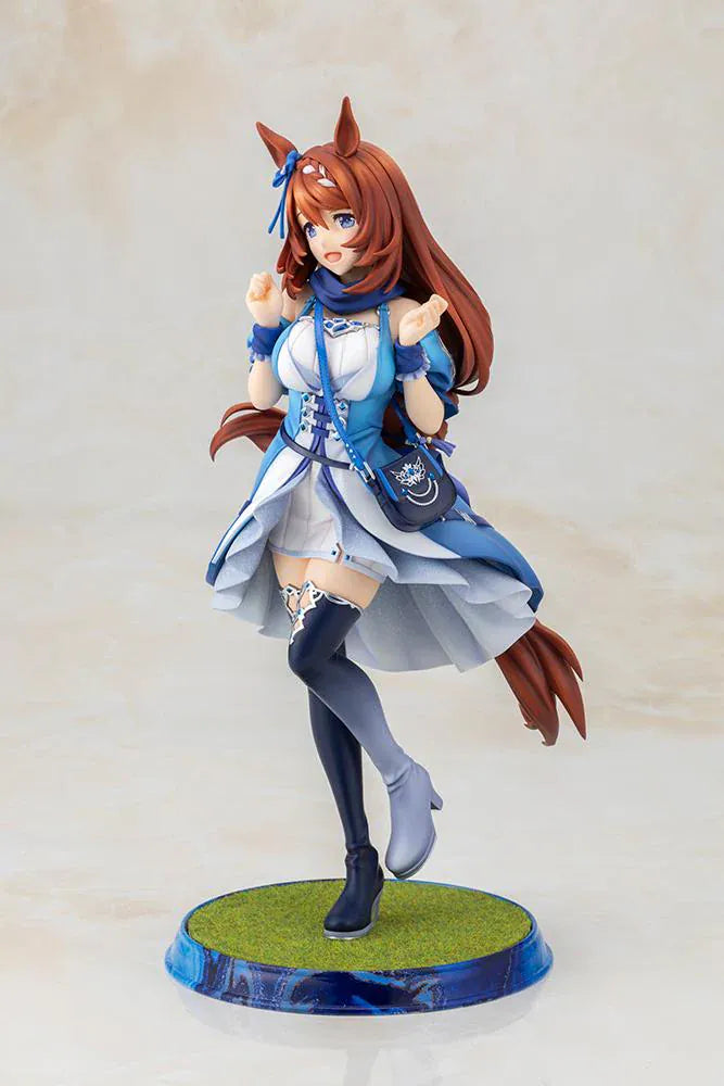 Uma Musume Pretty Derby Super Creek 1/7 Scale Figure featuring Super Creek in a blue-and-white outfit with red hair, horse ears, tail, and a cheerful pose on a themed base.