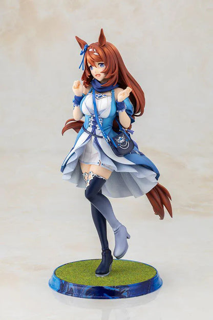 Uma Musume Pretty Derby Super Creek 1/7 Scale Figure featuring Super Creek in a blue-and-white outfit with red hair, horse ears, tail, and a cheerful pose on a themed base.