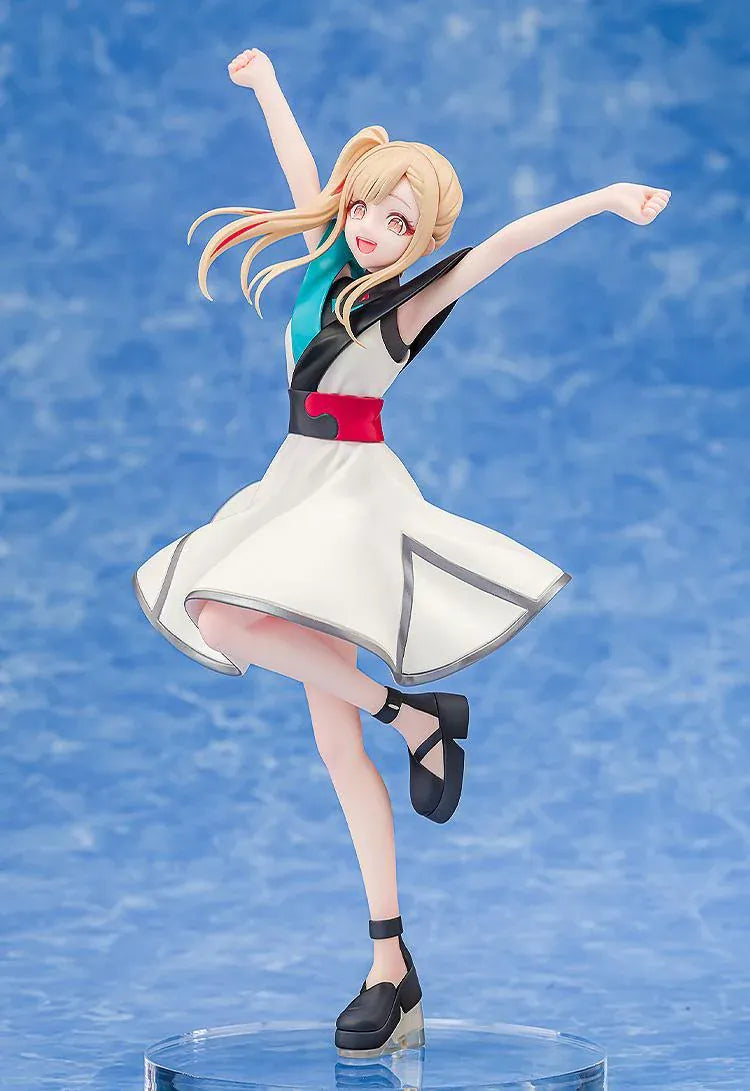 Kaguya Collaboration Concert Ver. figure with blonde hair, raised arms, a white dress with turquoise and black accents, and black ankle-strap shoes.