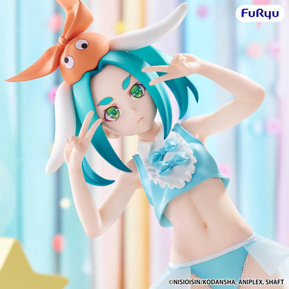 Monogatari BiCute Bunnies Yotsugi Ononoki figure featuring turquoise hair, a light blue bunny outfit, oversized bunny headpiece, fishnet tights, and a playful pose