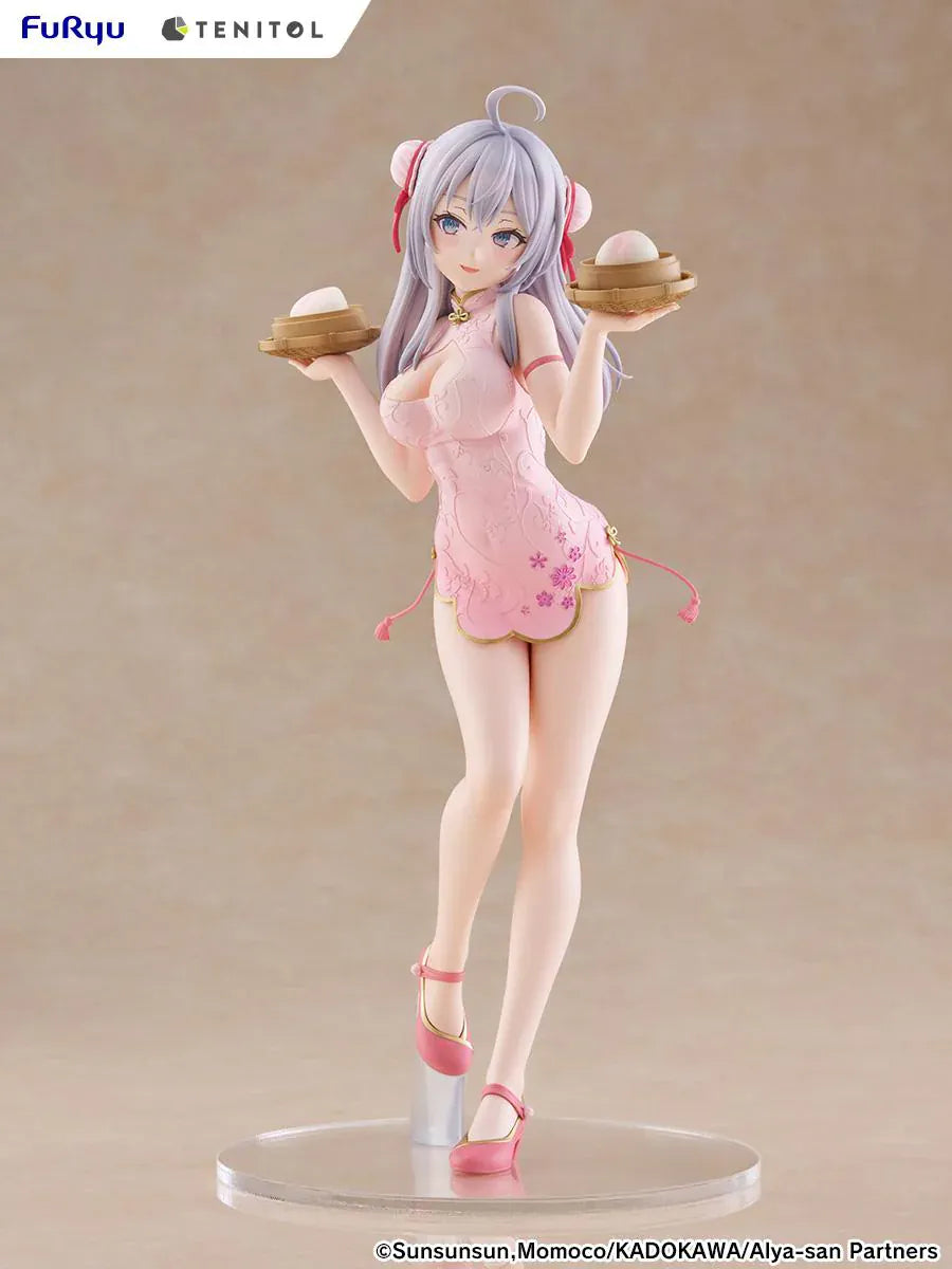 Alya Sometimes Hides Her Feelings in Russian TENITOL TALL Alya Cheongsam ver. Figure featuring Alya with long silver hair, pink cheongsam outfit, steamed bun accessories, and pink shoes.