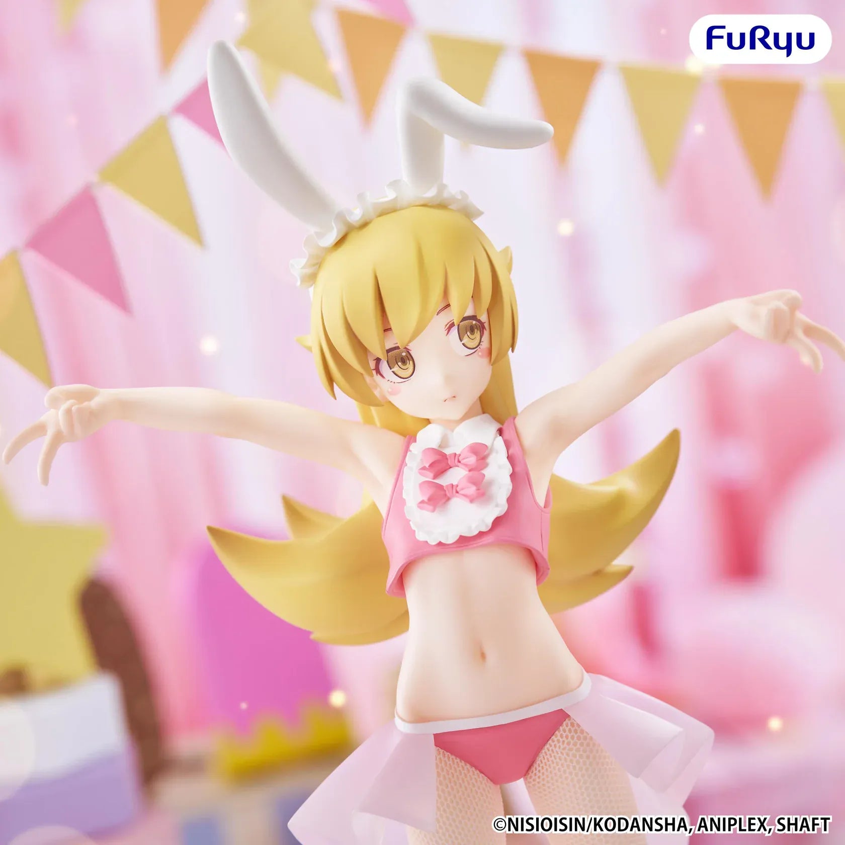 Monogatari BiCute Bunnies Shinobu Oshino Figure wearing a pink and white bunny outfit with white fishnet tights and bunny ears