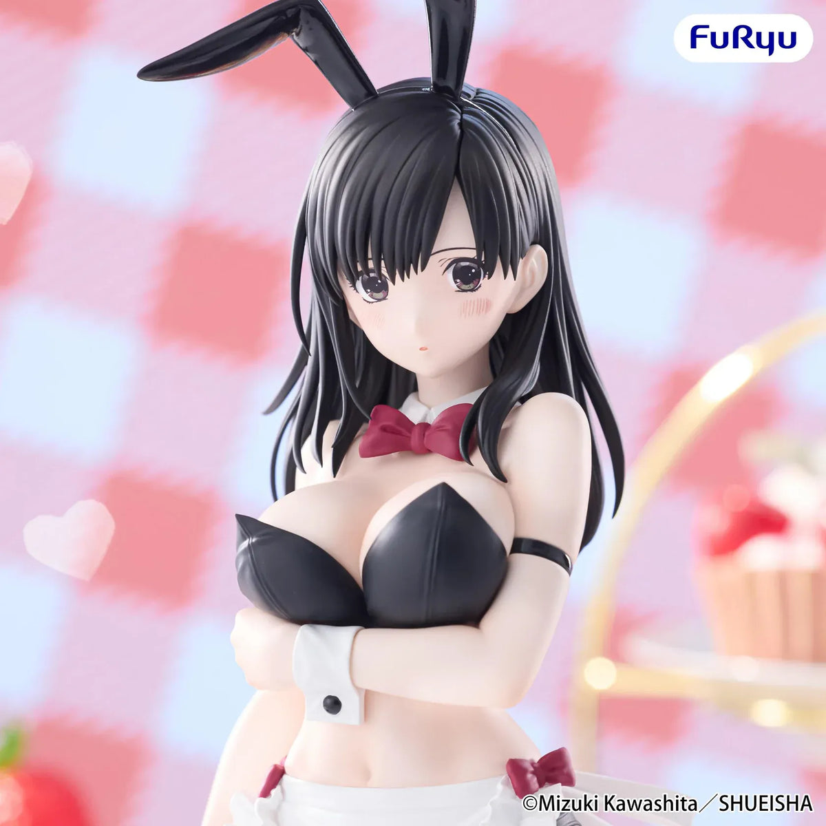 Strawberry 100% Aya Toujou BiCute Bunnies figure with black bunny ears, dark hair, a white ruffled apron, burgundy bows, and patterned stockings.