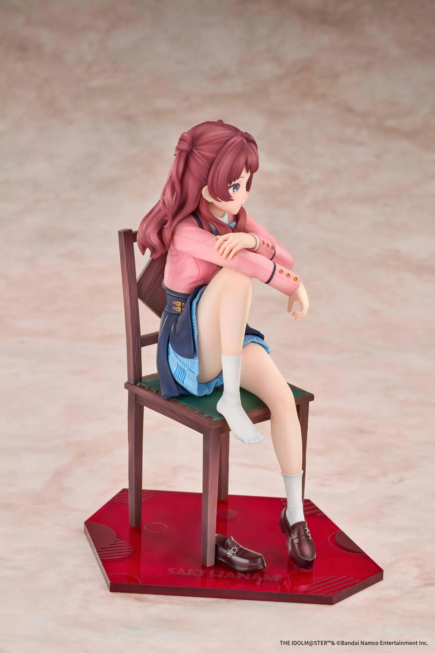 The Idolmaster Gakuen Saki Hanami Iris After the Rain Pre-Training Ver. 1/7 scale figure seated on a wooden chair.