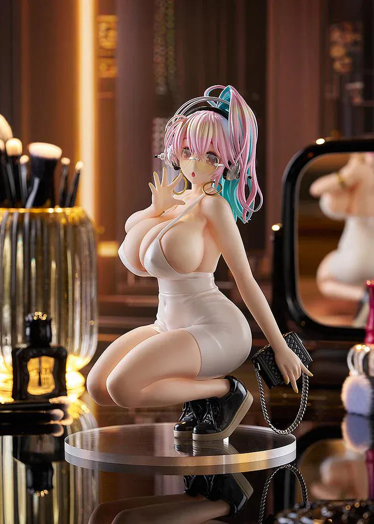 Nitroplus Pop Up Parade L Super Sonico 15th Mini Dress Ver figure kneeling in white dress with headphones and pastel hair