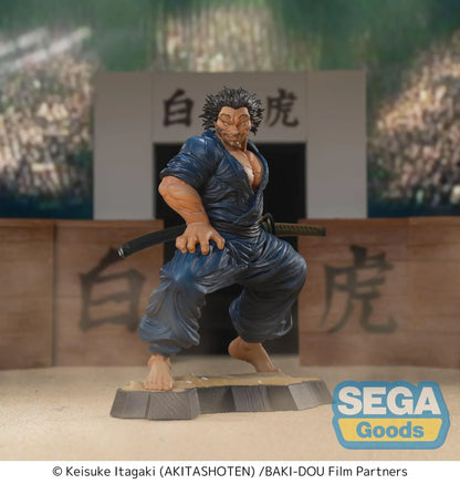 Baki Hanma Luminasta Musashi Miyamoto Figure in dark blue outfit with sword accessories and battle-ready pose