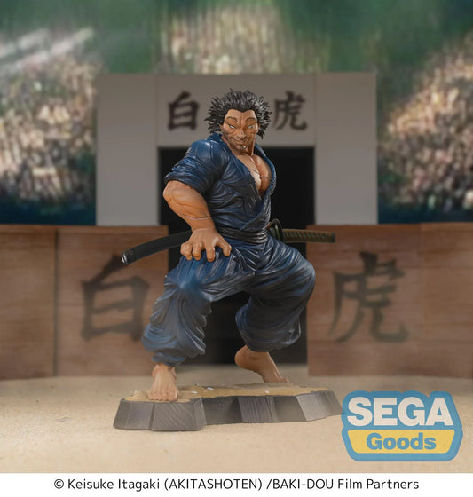 Baki Hanma Luminasta Musashi Miyamoto Figure in dark blue outfit with sword accessories and battle-ready pose