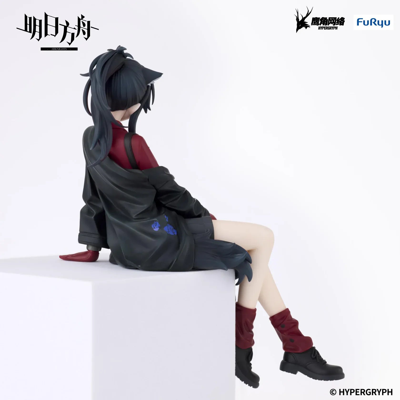Arknights Texas Will Ver Noodle Stopper Figure featuring Texas seated in a red shirt, green tie, black skirt, oversized jacket, and red boots