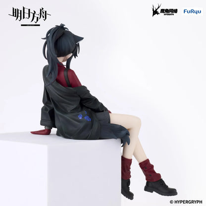 Arknights Texas Will Ver Noodle Stopper Figure featuring Texas seated in a red shirt, green tie, black skirt, oversized jacket, and red boots