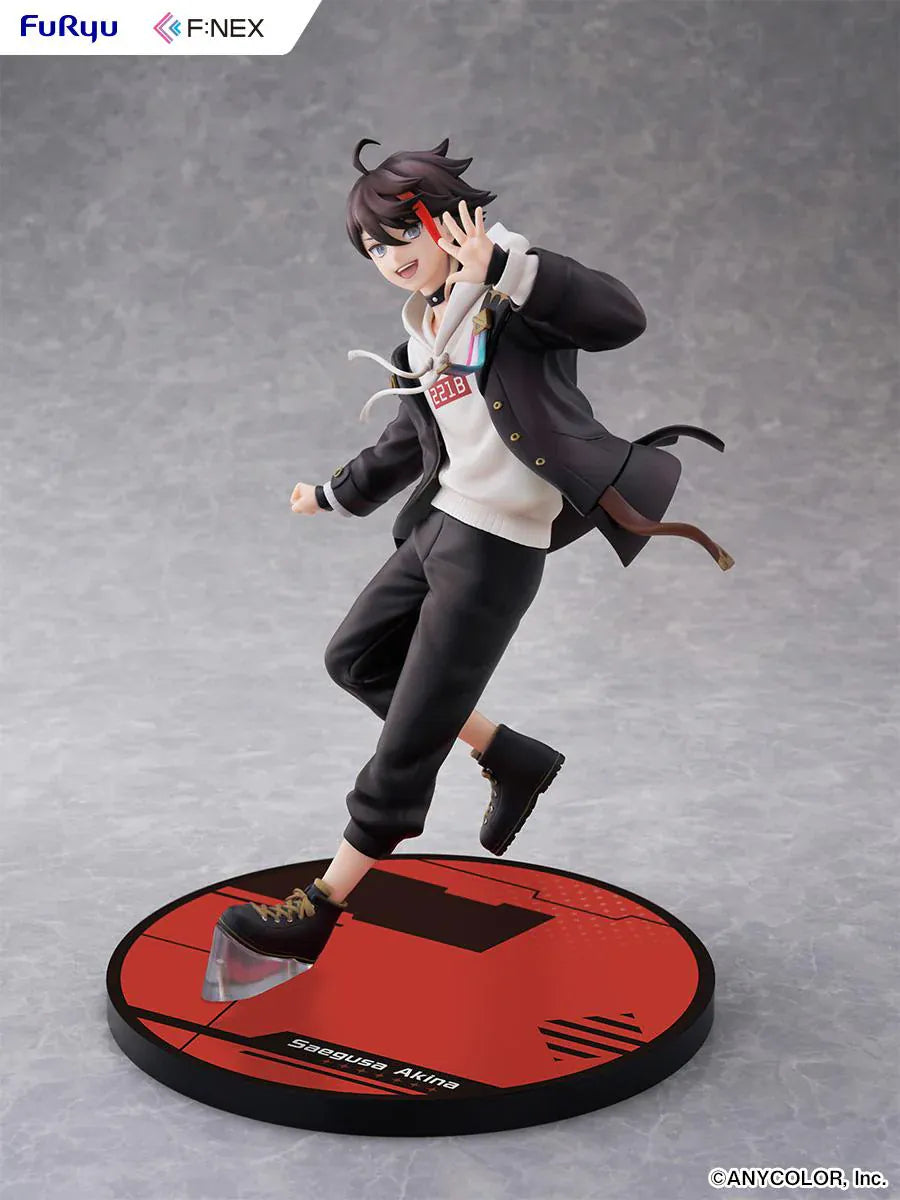Nijisanji Saegusa Akina 1/7 Scale Figure with black jacket, white hoodie, red accent, dynamic pose, and character-themed display base