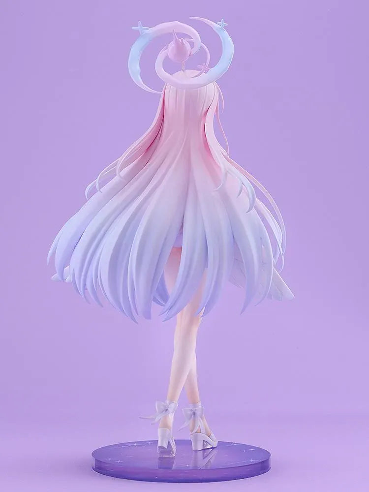 Blue Archive Mika Swimsuit figure with long pink and lavender hair, a white ruffled swimsuit, halo, feathered wings, and ribbon heels on a purple base.