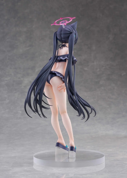 Blue Archive Serika Swimsuit 1/7 Scale Figure featuring Serika with long black hair, cat ears, dark frilled swimsuit, pink halo, platform sandals, and display base.