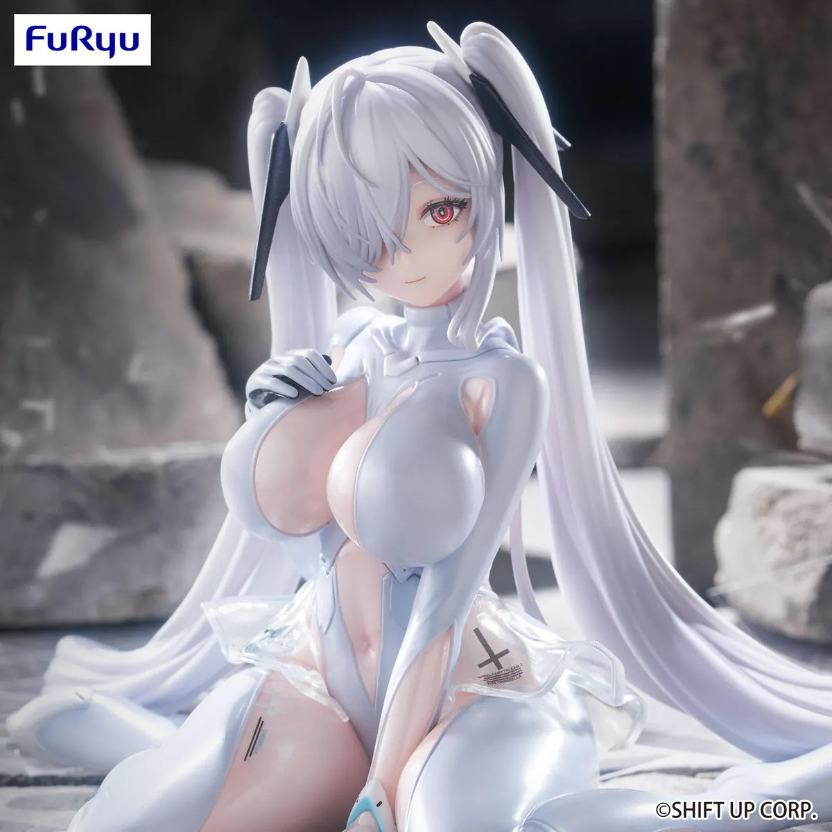 NIKKE Cinderella Noodle Stopper figure seated in a glossy white outfit with translucent skirt details, long white twin tails, and black hair accessories.