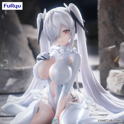 NIKKE Cinderella Noodle Stopper figure seated in a glossy white outfit with translucent skirt details, long white twin tails, and black hair accessories.