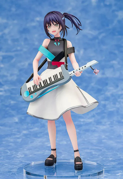 Iroha Sakayori Collaboration Concert Ver. figure with dark purple hair, holding a blue-gray keytar and wearing a white dress with turquoise and black accents.