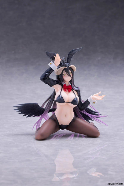 Albedo MOFLOCK Reverse Bunny Suit figure wearing a glossy black outfit with bunny ears, sheer stockings, horns, and black wings.