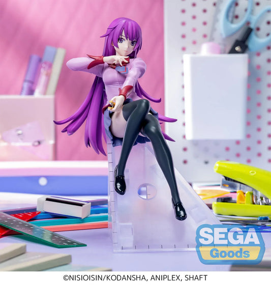 Monogatari Luminasta Hitagi Senjyogahara Figure with purple hair, school outfit, black stockings, and clear staircase display base