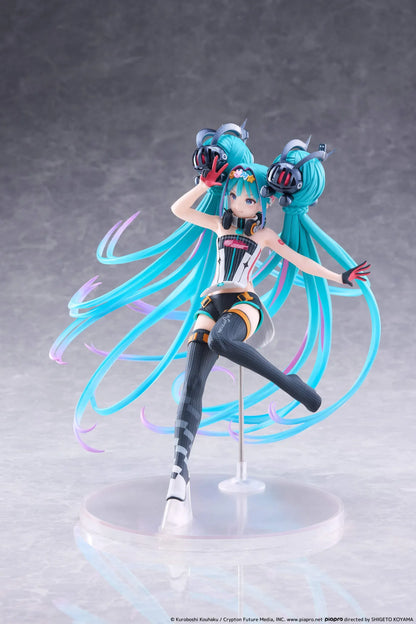 Hatsune Miku Taito Kuji Racing Miku 2026 figure wearing a futuristic racing outfit with flowing turquoise twin-tails and headphones.