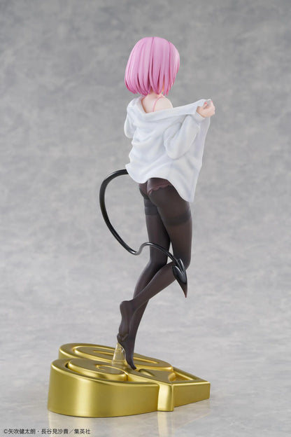 To Love-Ru Darkness Momo Belia Deviluke anniversary figure with pink hair, a white shirt, and a curved black tail on a gold heart-shaped “20” base.
