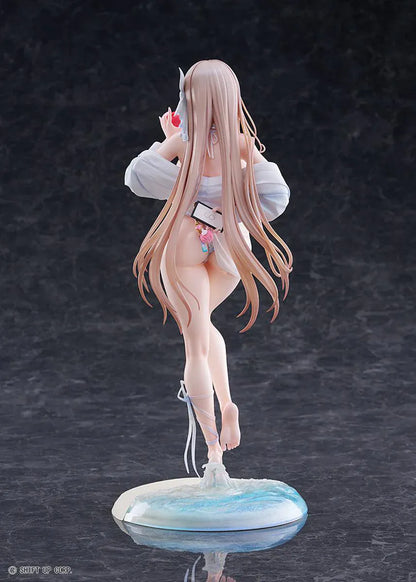 GODDESS OF VICTORY NIKKE Viper Shine of Love 1/7 Scale Figure with long hair, white beachwear-inspired outfit, apple accessory, and beach display base