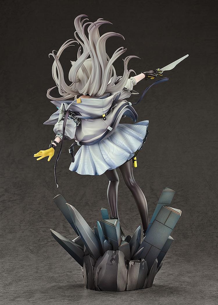 Arknights Endfield Perlica 1/7 Scale Figure featuring Perlica with flowing silver hair, animal ear details, futuristic white outfit, weapon accessory, and crystal-style display base.