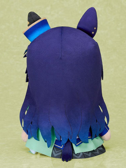 Umamusume Pretty Derby Kuripan Verxina plushie with dark-blue hair, purple eyes, horse ears, a mini hat, and a blue-and-green racing outfit.