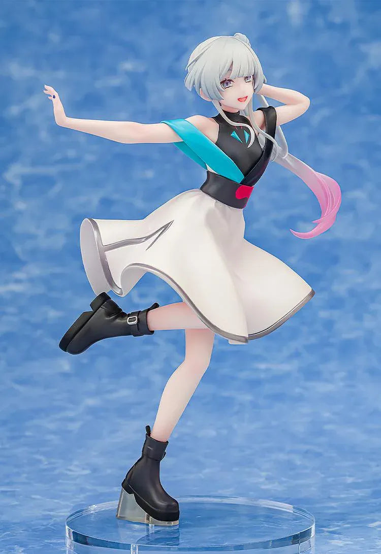Yachiyo Runami Collaboration Concert Ver. figure with silver and pink-tipped hair, a white concert dress, and black boots, posed with one leg lifted.