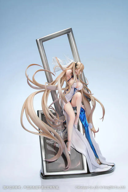 Azur Lane Formidable Anniversary Memories Ver. 1/7 Scale Figure featuring Formidable with long blonde hair, blue-and-white outfit, elegant seated pose, and mirror-style display base.
