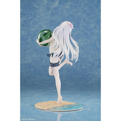 Summer Pockets REFLECTION BLUE Shiroha Naruse 1/6 scale figure wearing a black swimsuit and holding a watermelon on a beach-themed base.