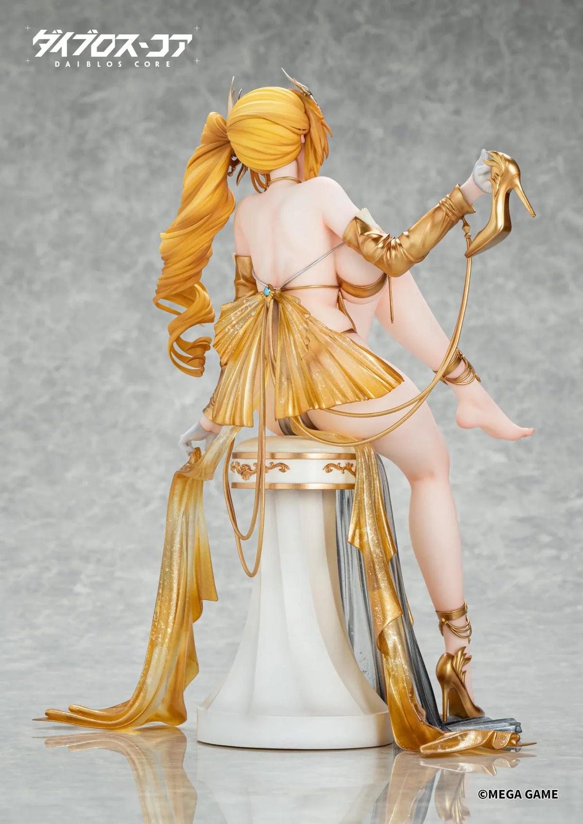 Daiblos Core Lobera Passionate Night Regular Edition 1/6 Scale Figure featuring a golden-blonde-haired anime character with golden eyes, an elaborate gold outfit, blue gemstone jewelry, ornate accessories, and flowing metallic gold and silver fabrics seated on a decorative throne-inspired seat.