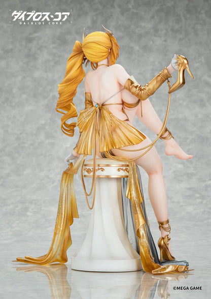 Daiblos Core Lobera Passionate Night Regular Edition 1/6 Scale Figure featuring a golden-blonde-haired anime character with golden eyes, an elaborate gold outfit, blue gemstone jewelry, ornate accessories, and flowing metallic gold and silver fabrics seated on a decorative throne-inspired seat.