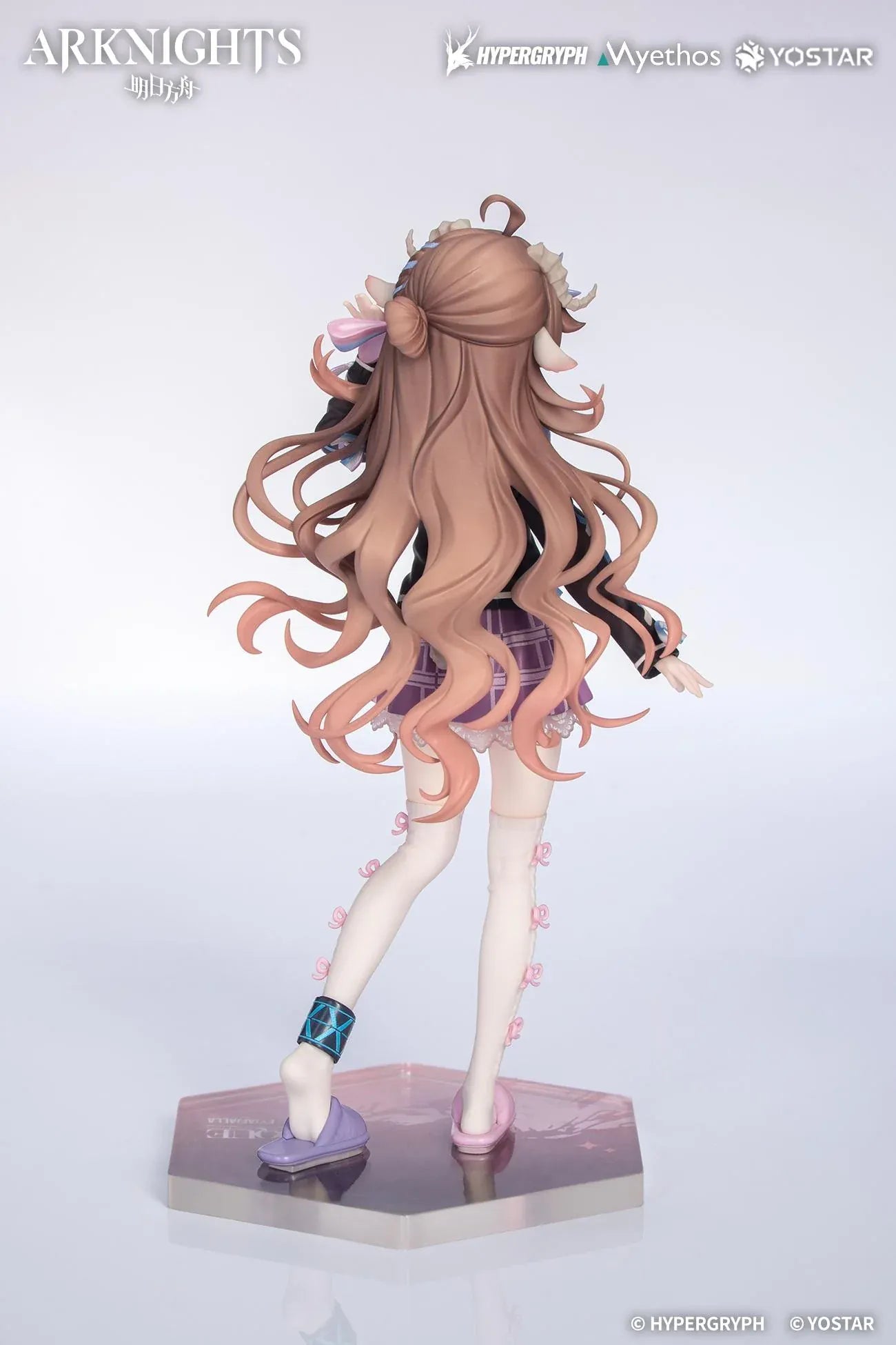 Arknights Gift Plus Eyjafjalla the Hvit Aska One More Story Ver 1/8 Scale Figure wearing a purple plaid skirt, thigh-high socks, pastel accessories, and slippers