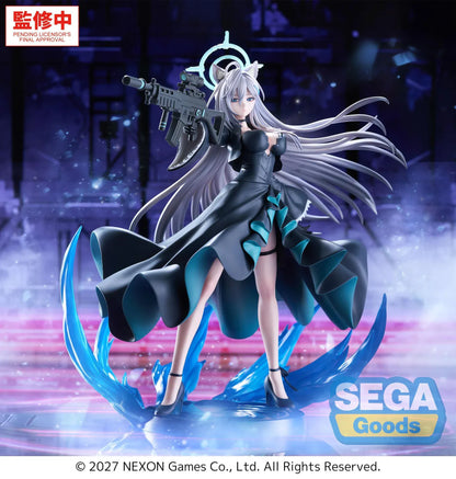 Blue Archive Shiroko Terror FIGURIZMα figure holding a rifle, with flowing silver hair, a turquoise halo, dark teal-lined dress, and blue base effects.