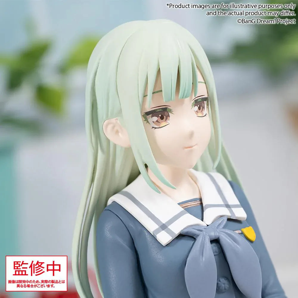 BanG Dream Ave Mujica Mutsumi Wakaba Uniform Ver. Premium Figure featuring Mutsumi seated in a blue school uniform with long mint-green hair and a soft expression.