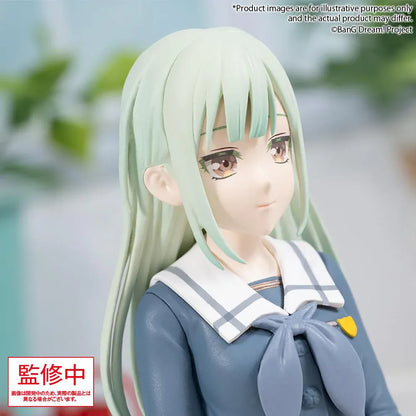 BanG Dream Ave Mujica Mutsumi Wakaba Uniform Ver. Premium Figure featuring Mutsumi seated in a blue school uniform with long mint-green hair and a soft expression.