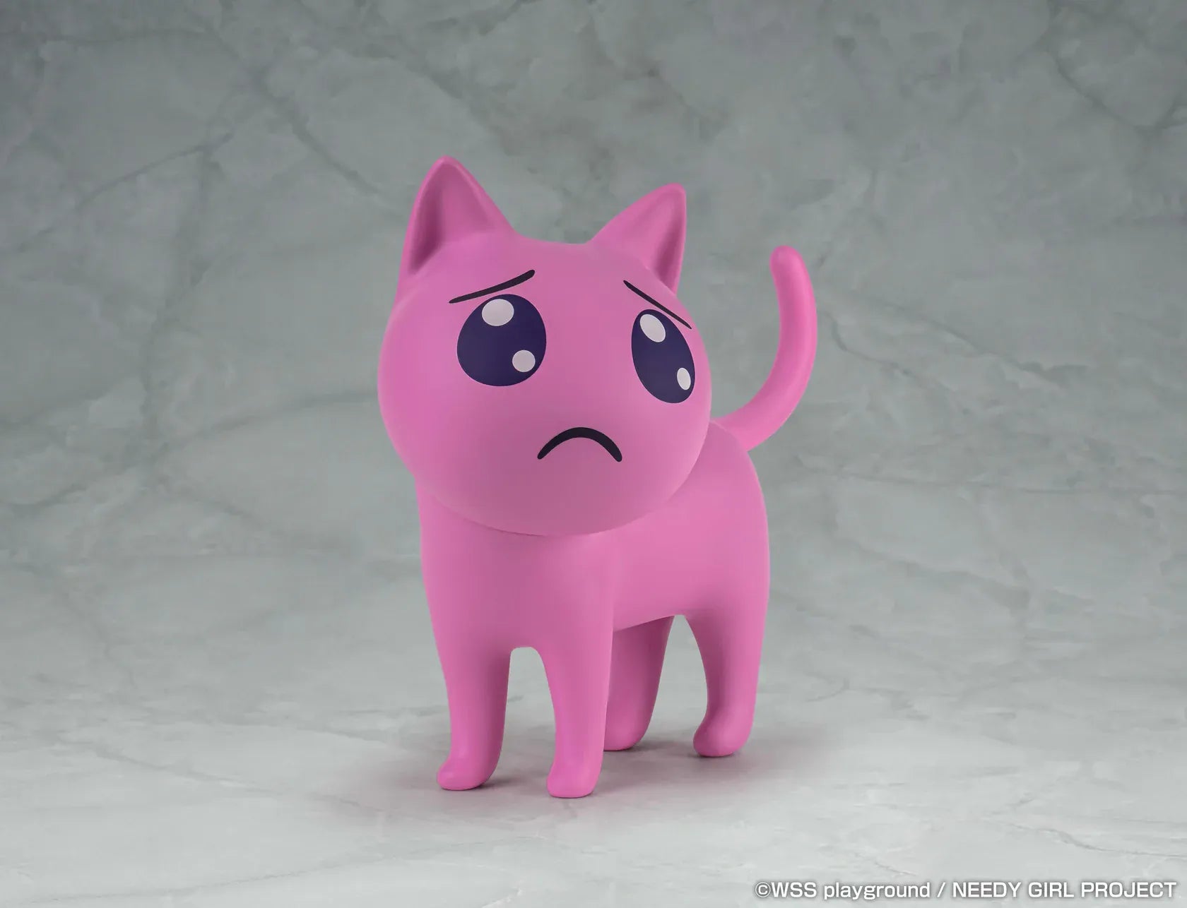 NEEDY GIRL OVERDOSE Pien Cat pink soft vinyl figure with large teary eyes and a worried expression.