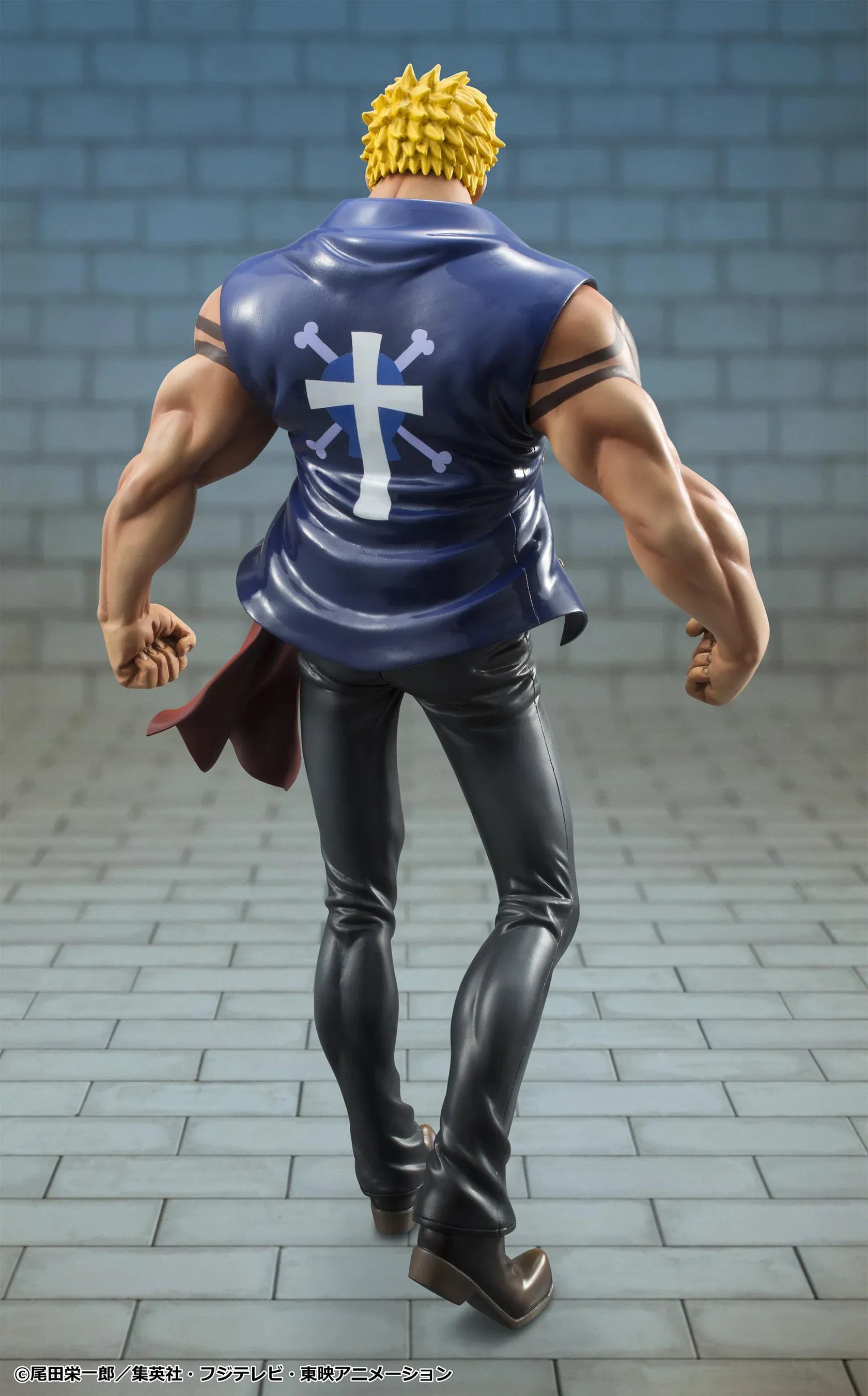 One Piece Portrait of Pirates Bellamy the Hyena Sailing Again Rerelease figure with blonde hair, blue vest, chest tattoo, black pants, and fierce pose