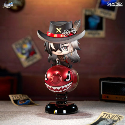 Honkai Star Rail Happy Shake Boothill Chibi Figure sitting on a red spring-mounted rocking base with his signature cowboy hat