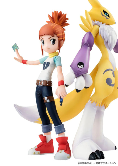 Digimon Tamers G.E.M. Series Renamon and Rika Nonaka figures, with Rika raising a green card beside yellow Renamon wearing purple yin-yang arm guards.