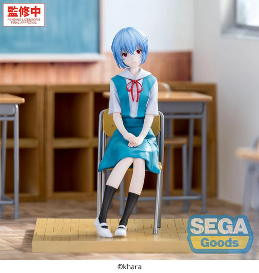 XStellar Rei Ayanami Uniform Ver. figure seated on a school chair with hands folded, wearing a blue and white uniform on a parquet-style floor base.