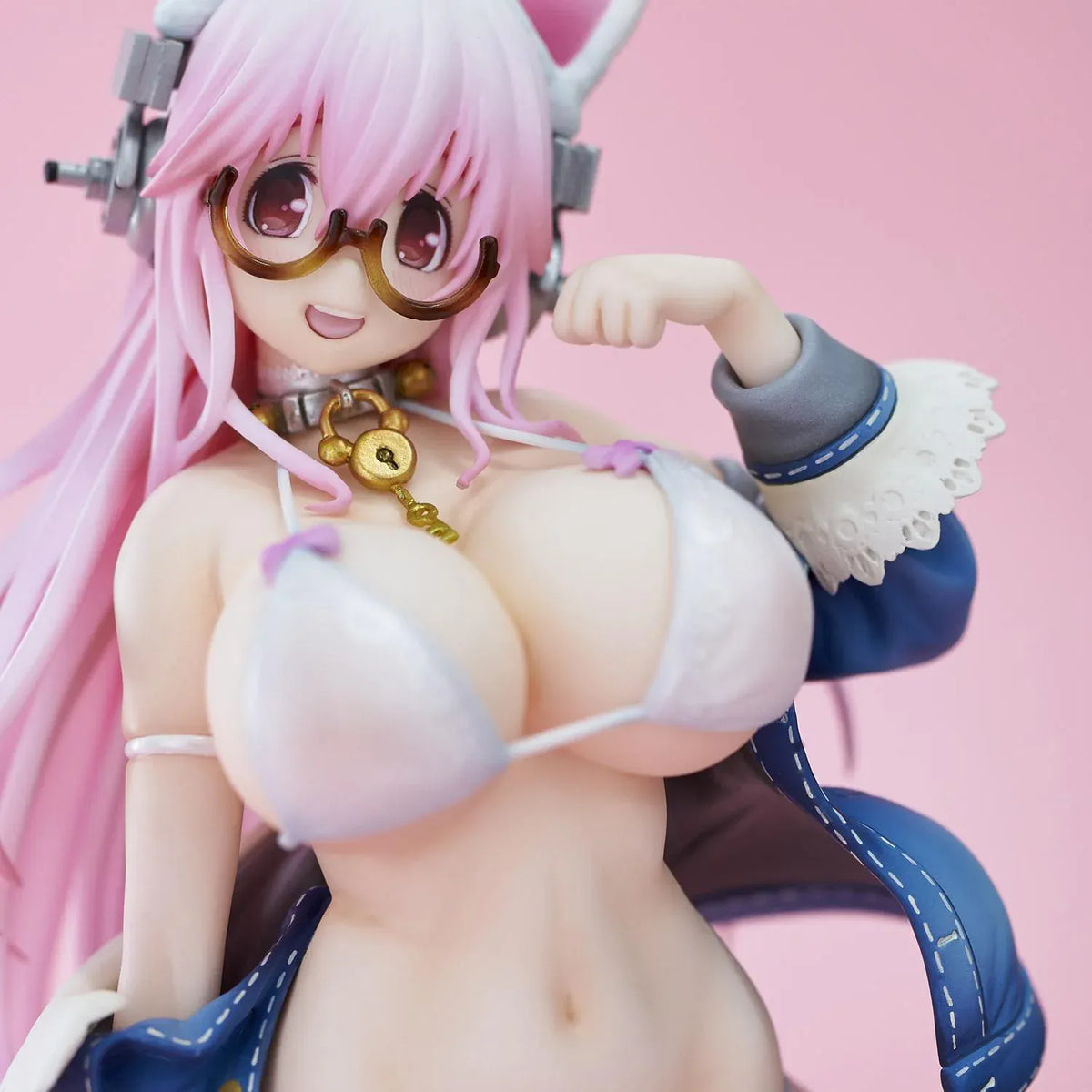 Super Sonico White Cat Ver. figure with pink hair, cat ears, glasses, blue jacket, white outfit, and milk bowl on a clear base.