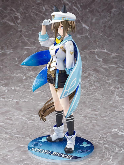 Umamusume Pretty Derby Cheval Grand 1/7 Scale Figure Rerelease featuring Cheval Grand with horse ears, blue-and-white race outfit, starry blue cape, cap, and sporty boots.