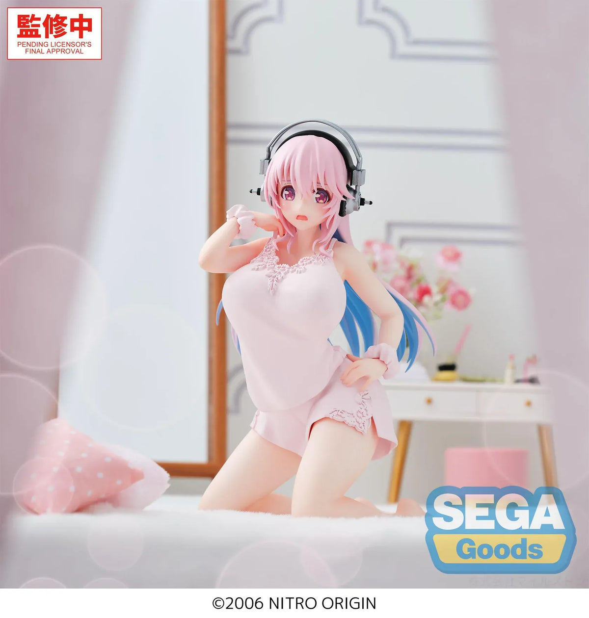 Nitroplus Yumemirize Super Sonico figure wearing pink pajamas and headphones in a kneeling pose