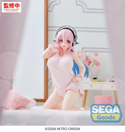 Nitroplus Yumemirize Super Sonico figure wearing pink pajamas and headphones in a kneeling pose