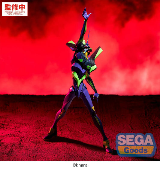 Evangelion FIGURIZMα Test Type-01 figure with purple and green armor, an open mouth, and one arm raised overhead in a wide stance beside a clear circular base.