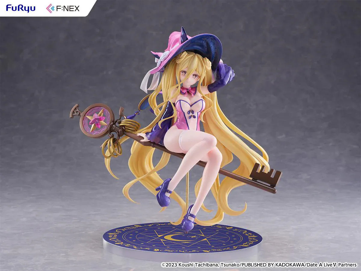 Date A Live V Mukuro Hoshimiya Witch Style Ver. 1/7 Scale Figure featuring Mukuro with long blonde hair, pink witch outfit, large witch hat, key-shaped staff, and magical display base.