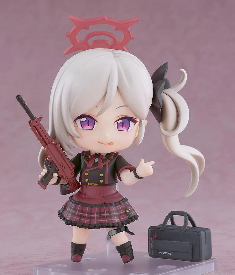Blue Archive Nendoroid Mutsuki Asagi Figure with silver hair, pink halo, Gehenna Academy uniform, weapon, and black bag