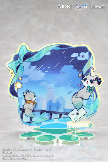 Honkai Star Rail Rise Up+ Chibi Cat Series Firefly Figure featuring Firefly in a cute chibi-style outfit with cat-themed display accents, colorful backdrop, and themed base.